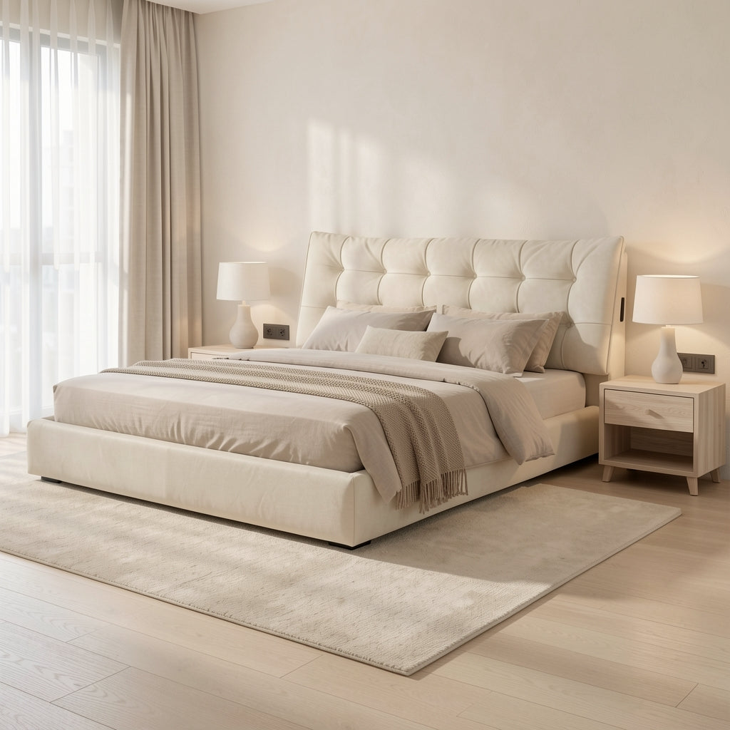 Tufted Bed · Edition 2 in soft oak daylight