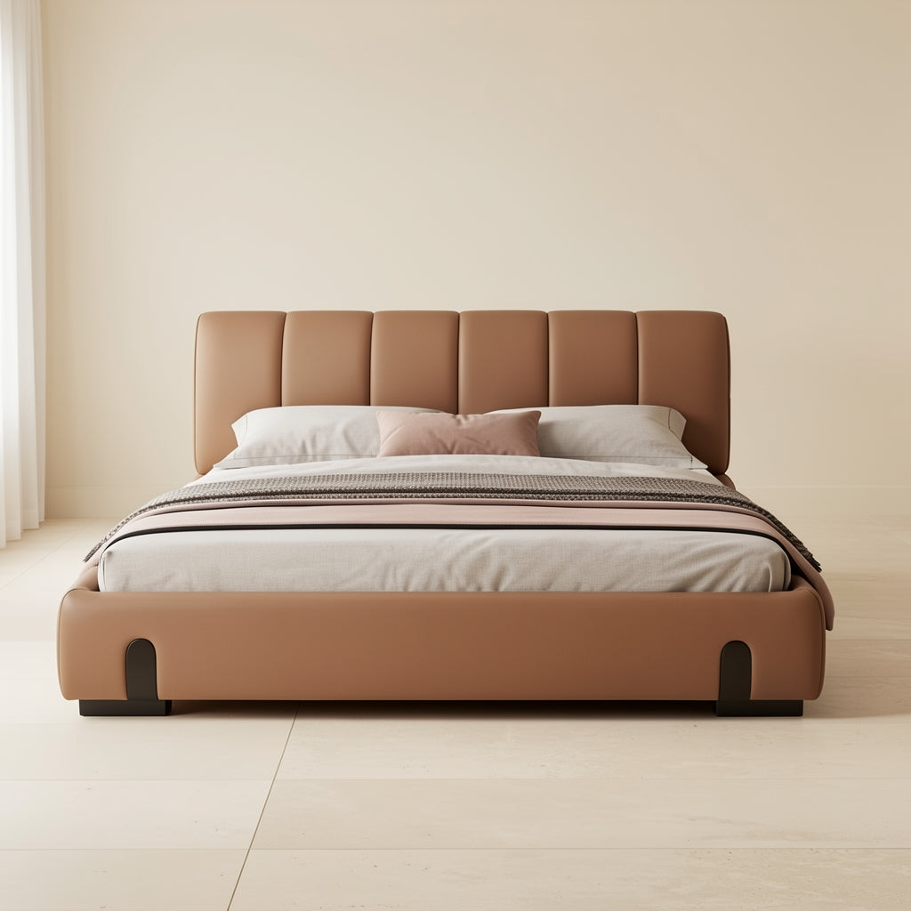 Tan Leatherette Bed in front