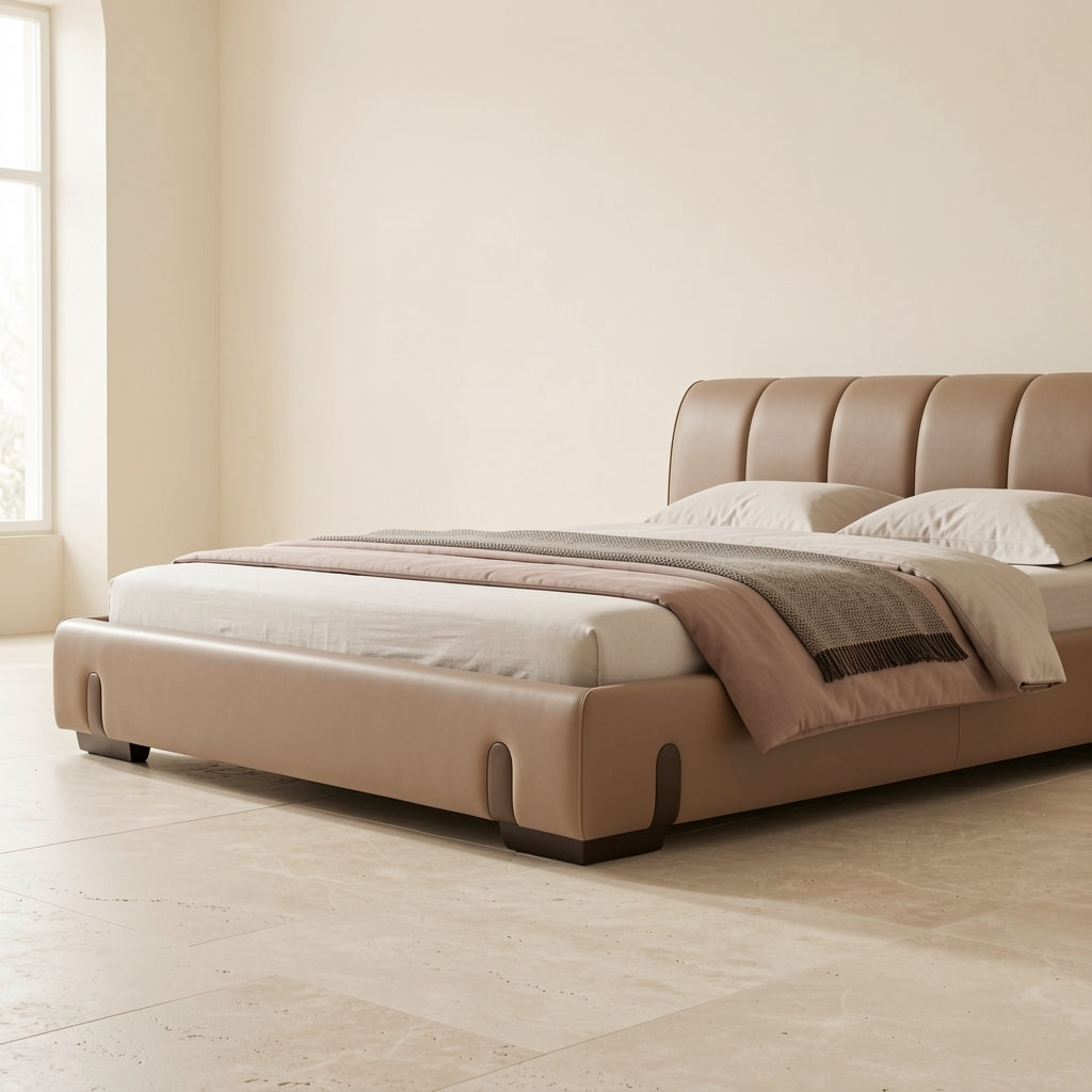Tan Leatherette Bed in left