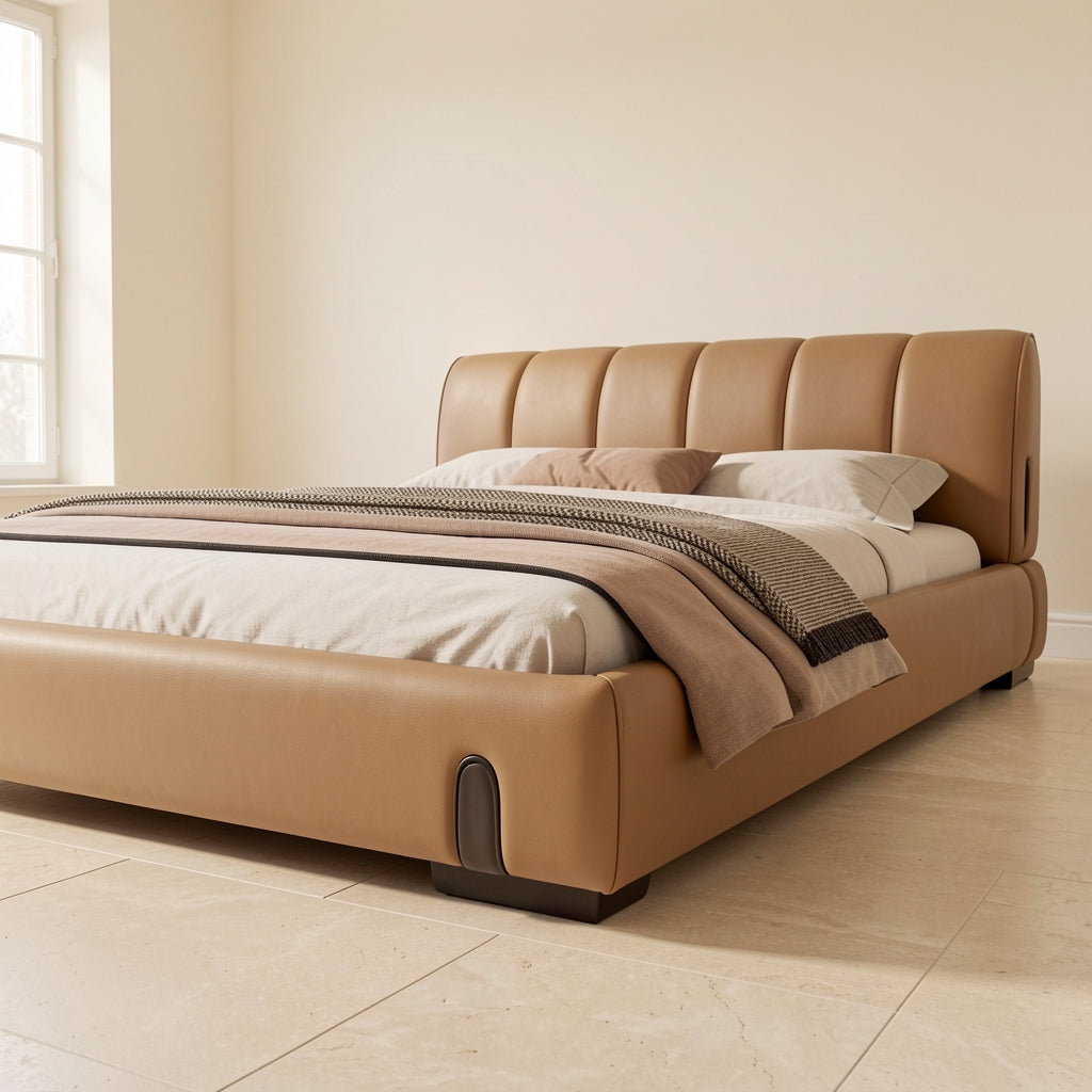 Tan Leatherette Bed in low