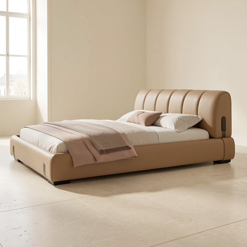 Tan Leatherette Bed in right