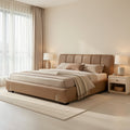 Tan Leatherette Bed in home staged