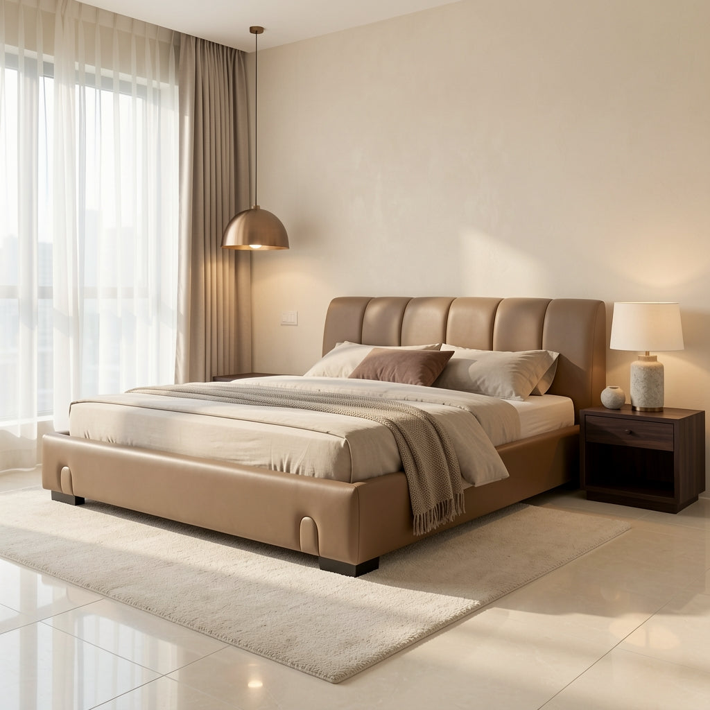 Tan Leatherette Bed in marble bronze