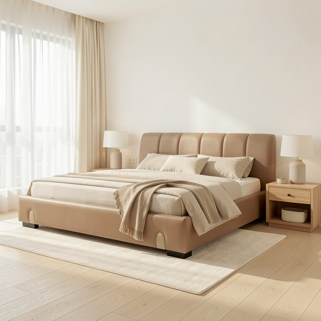 Tan Leatherette Bed in soft oak daylight