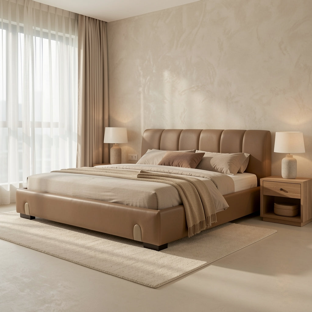 Tan Leatherette Bed in tonal taupe cocoon