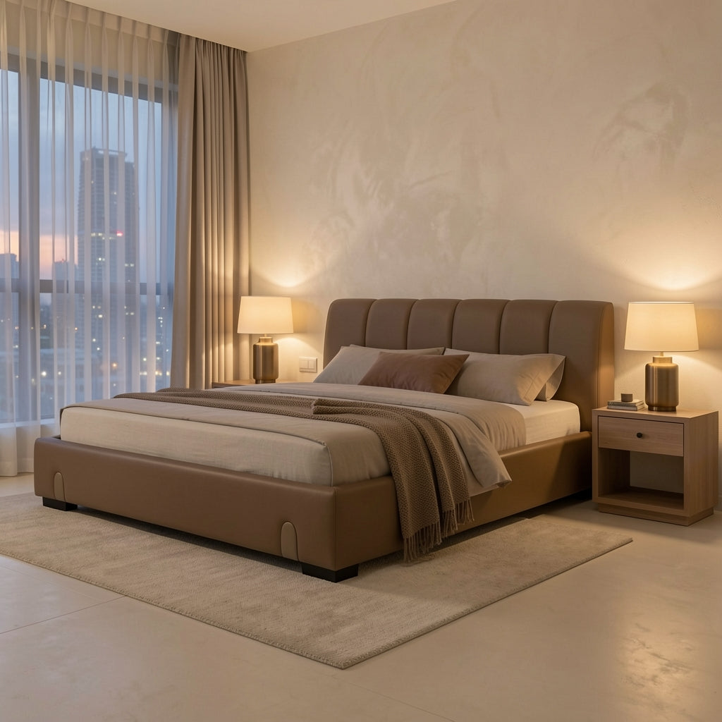 Tan Leatherette Bed in urban dusk