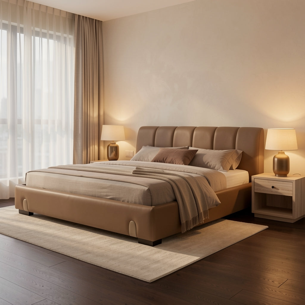 Tan Leatherette Bed in warm evening walnut