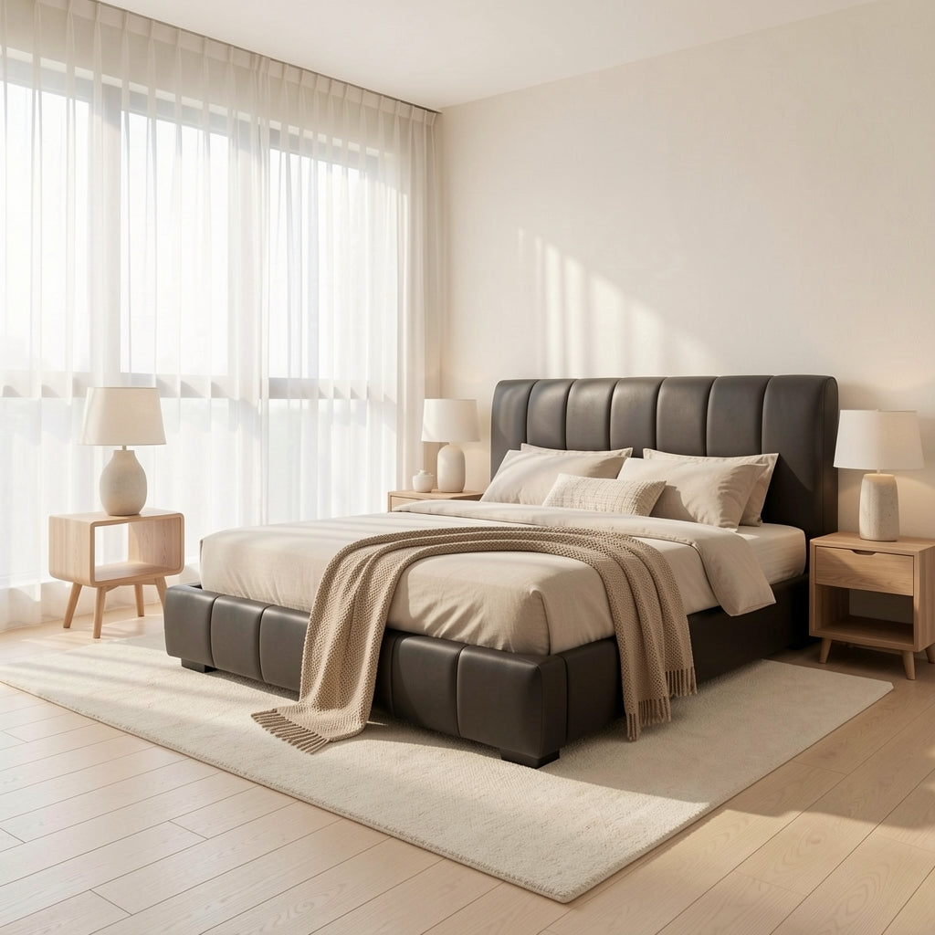 Black Tufted Bed · Edition 4 in soft oak daylight