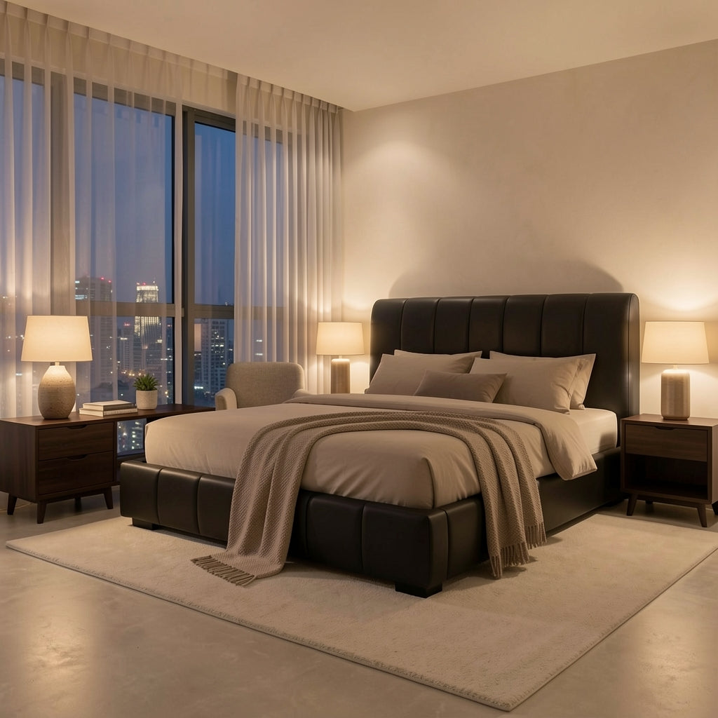 Black Tufted Bed · Edition 4 in urban dusk