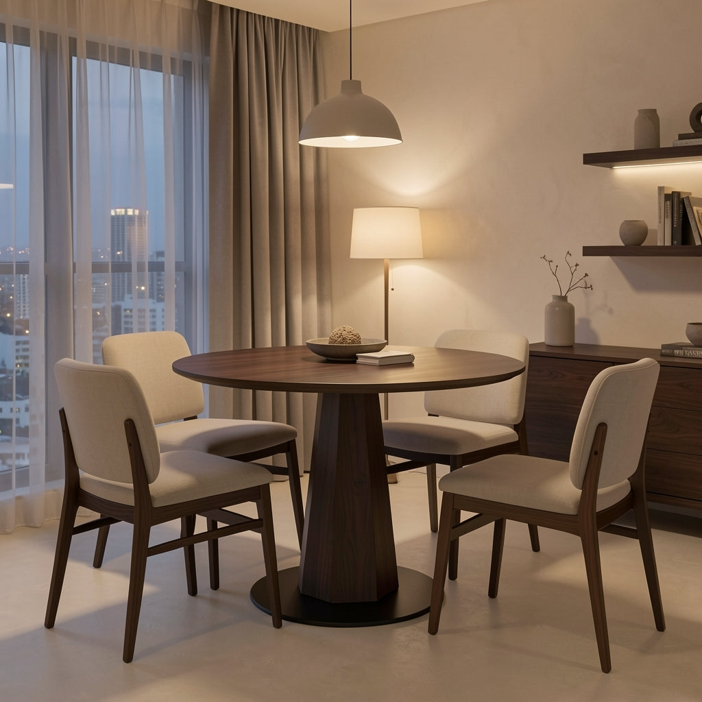 Black Round Dining Table in urban dusk