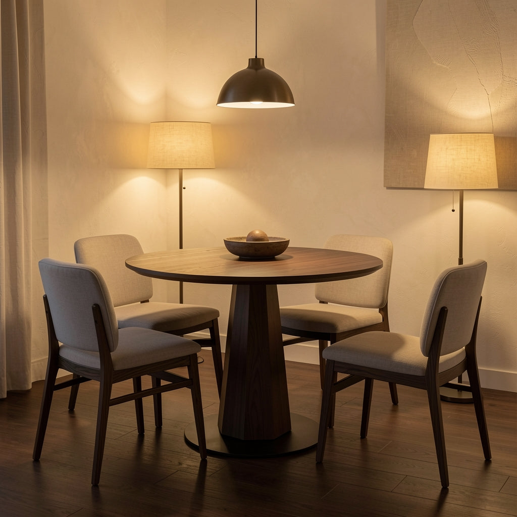 Black Round Dining Table in warm evening walnut