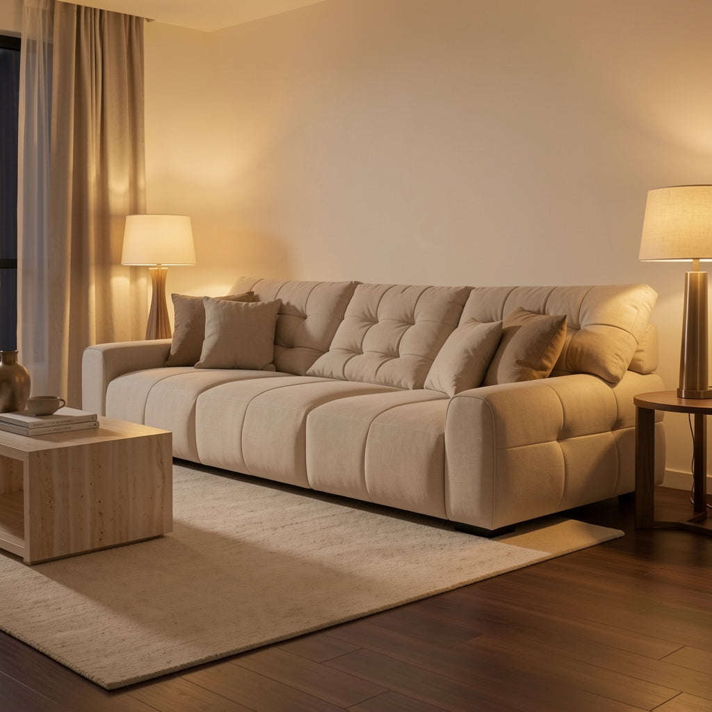 Pink Sofa in warm evening walnut