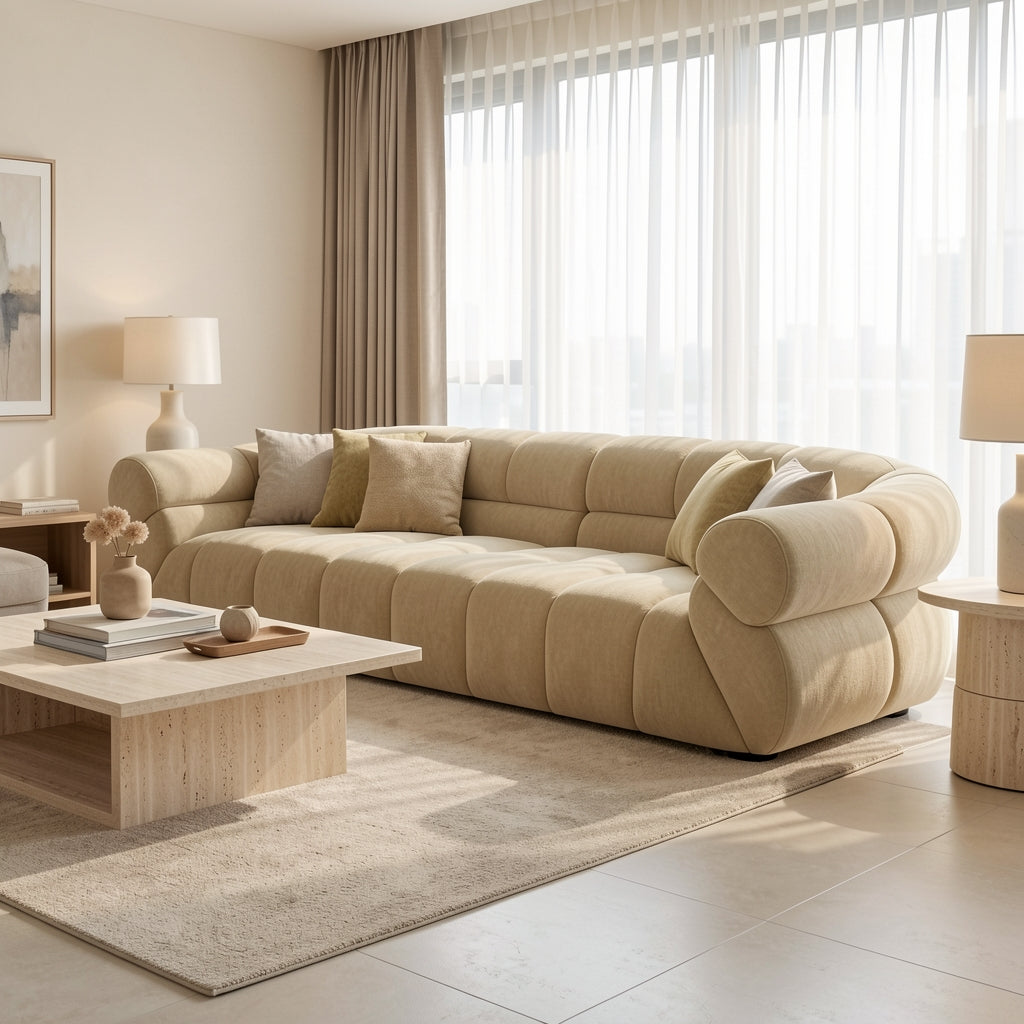 Green Tufted Sofa in home staged