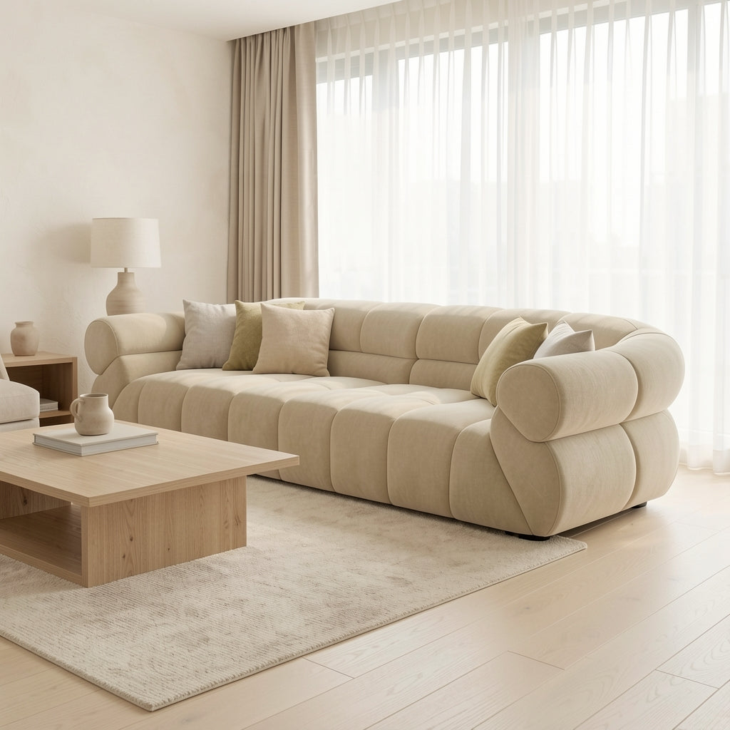 Green Tufted Sofa in soft oak daylight