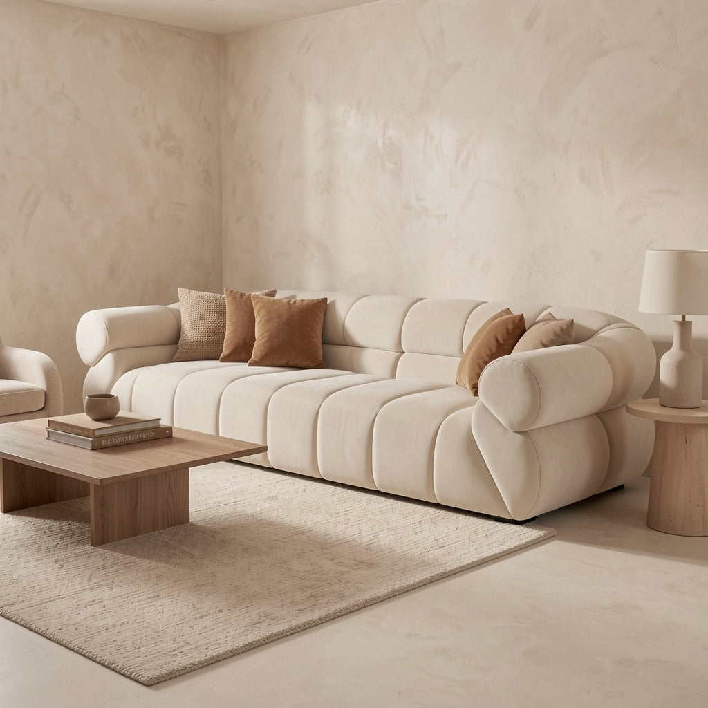 Green Tufted Sofa in tonal taupe cocoon