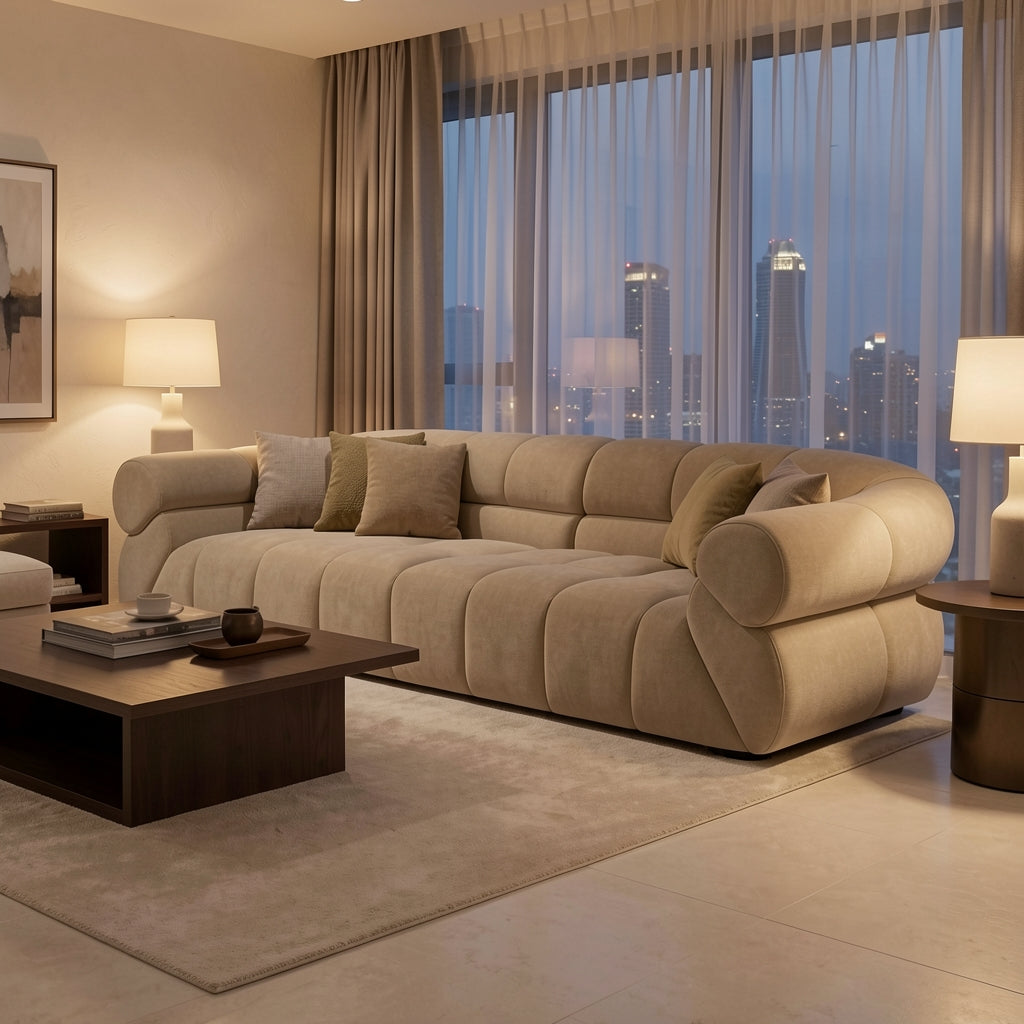 Green Tufted Sofa in urban dusk