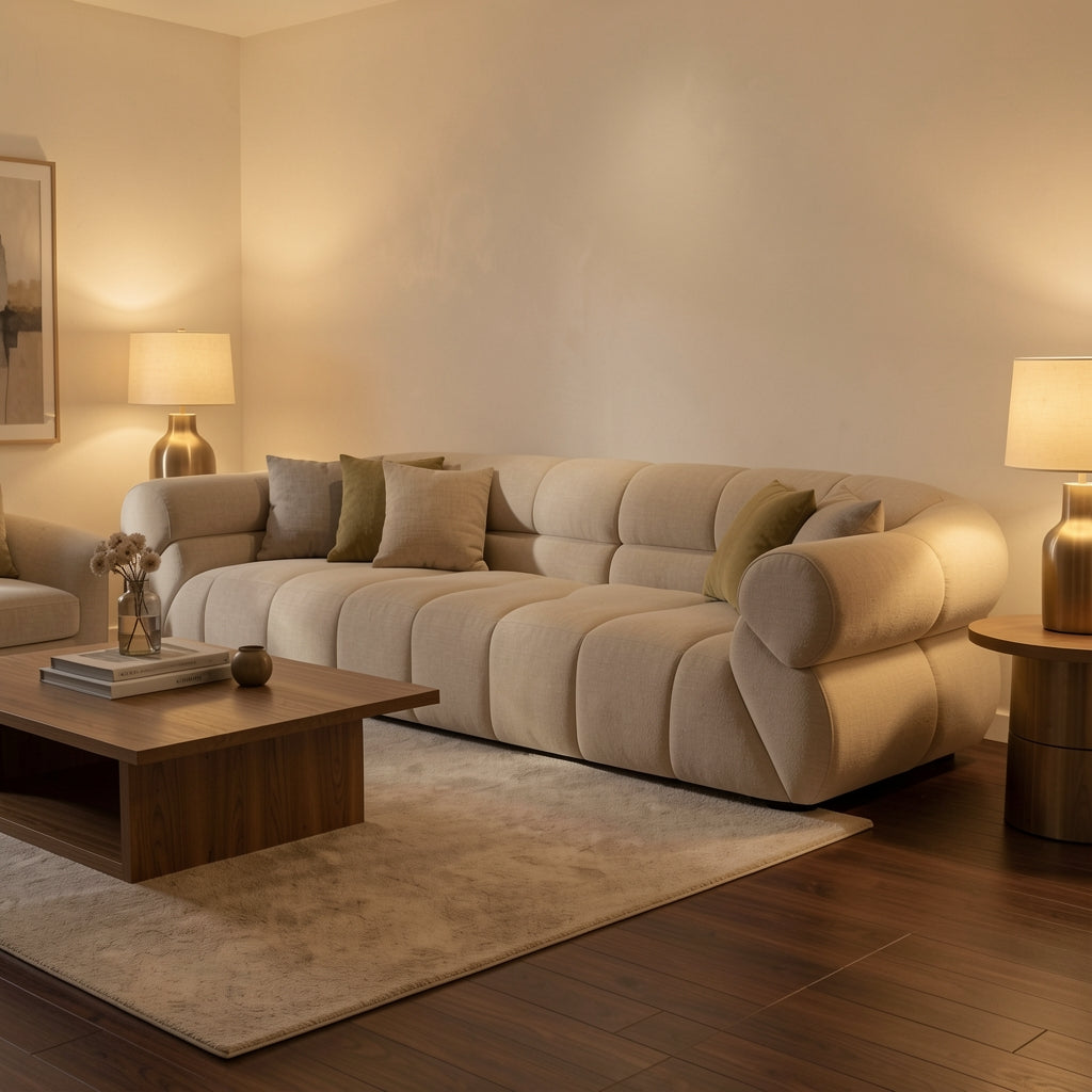 Green Tufted Sofa in warm evening walnut