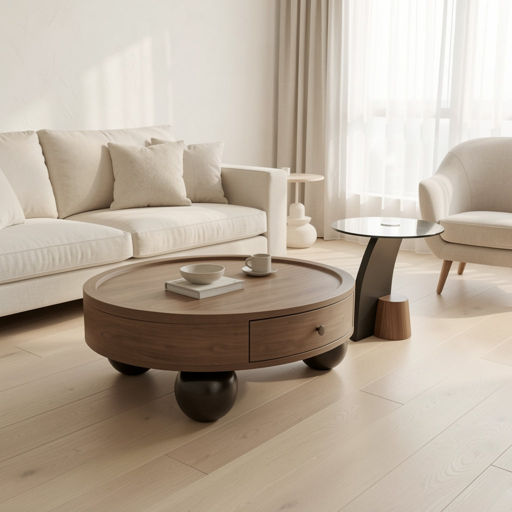 Round Coffee Table · Edition 8 in soft oak daylight