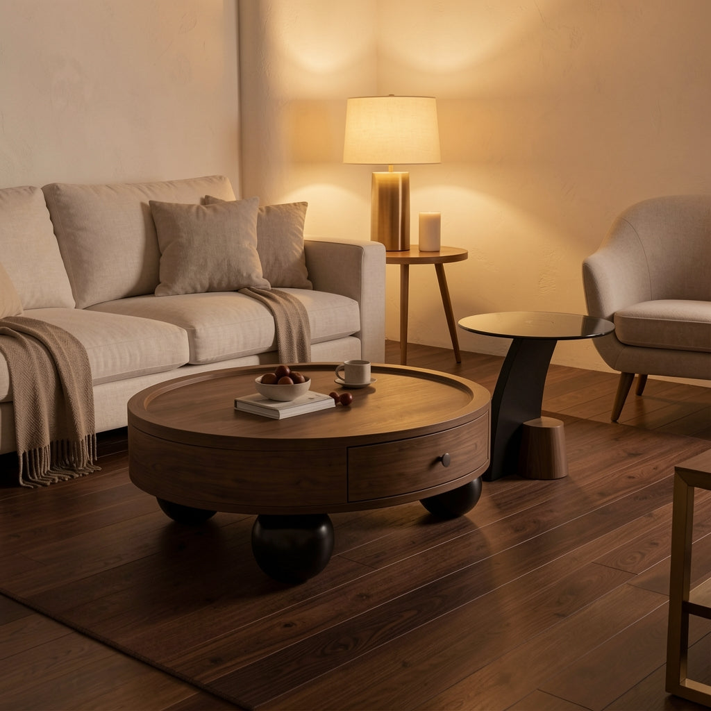 Round Coffee Table · Edition 8 in warm evening walnut