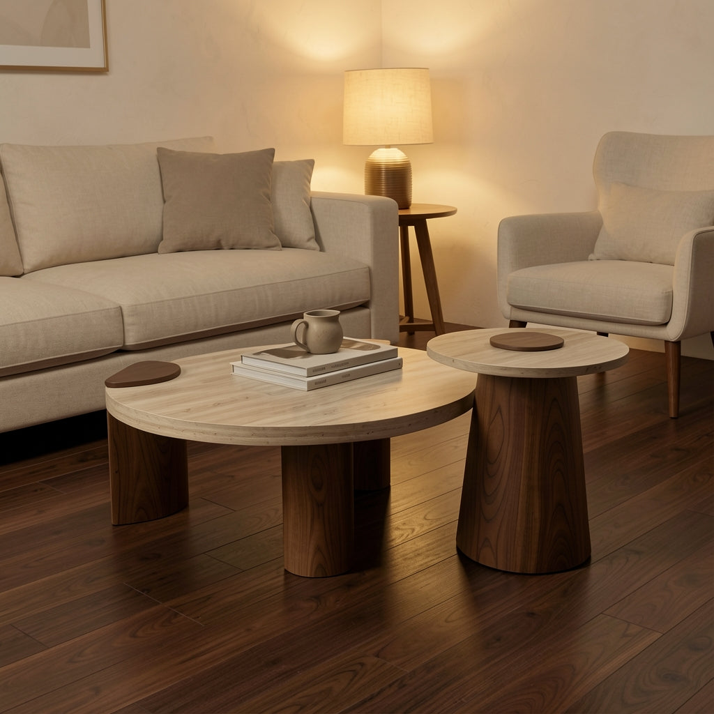 Round Coffee Table · Edition 9 in warm evening walnut