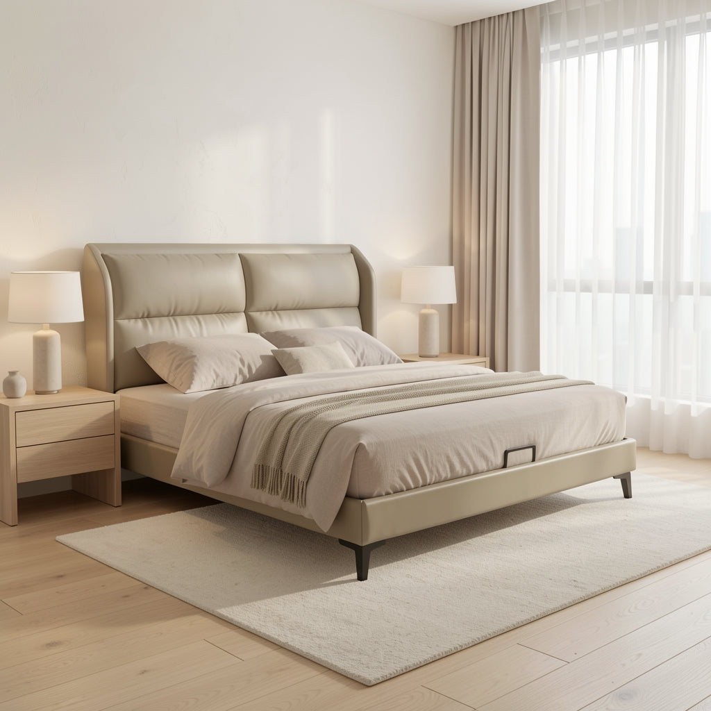 Tufted Bed · Edition 3 in soft oak daylight