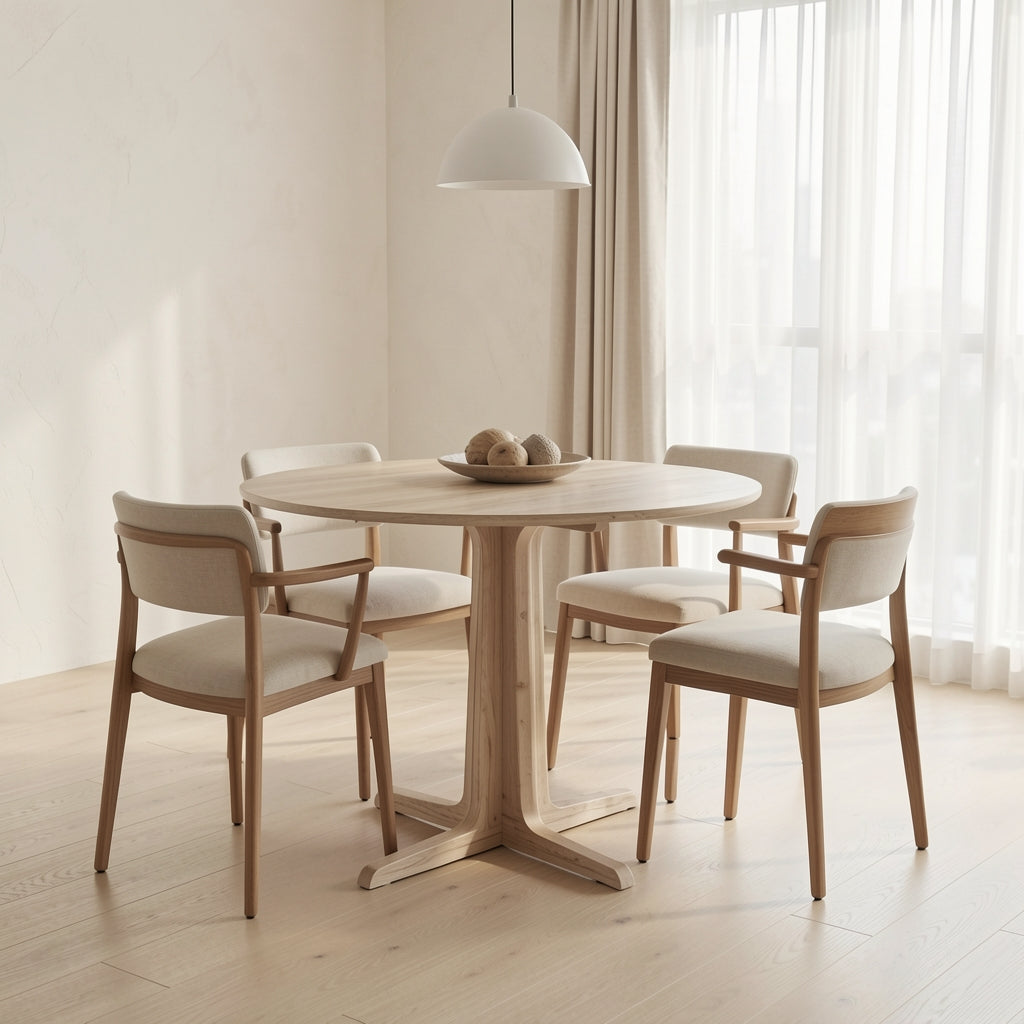 White Round Dining Table · Edition 4 in soft oak daylight