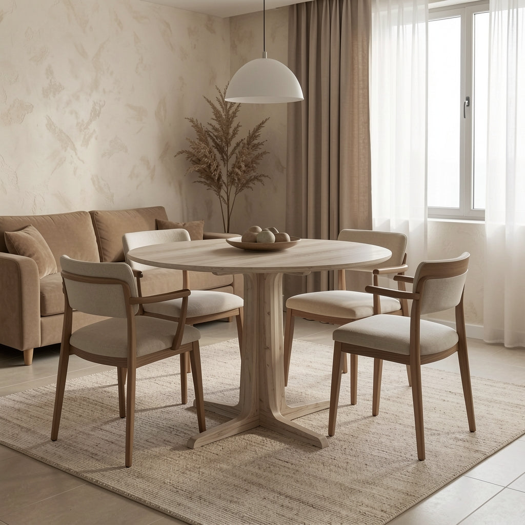 White Round Dining Table · Edition 4 in tonal taupe cocoon