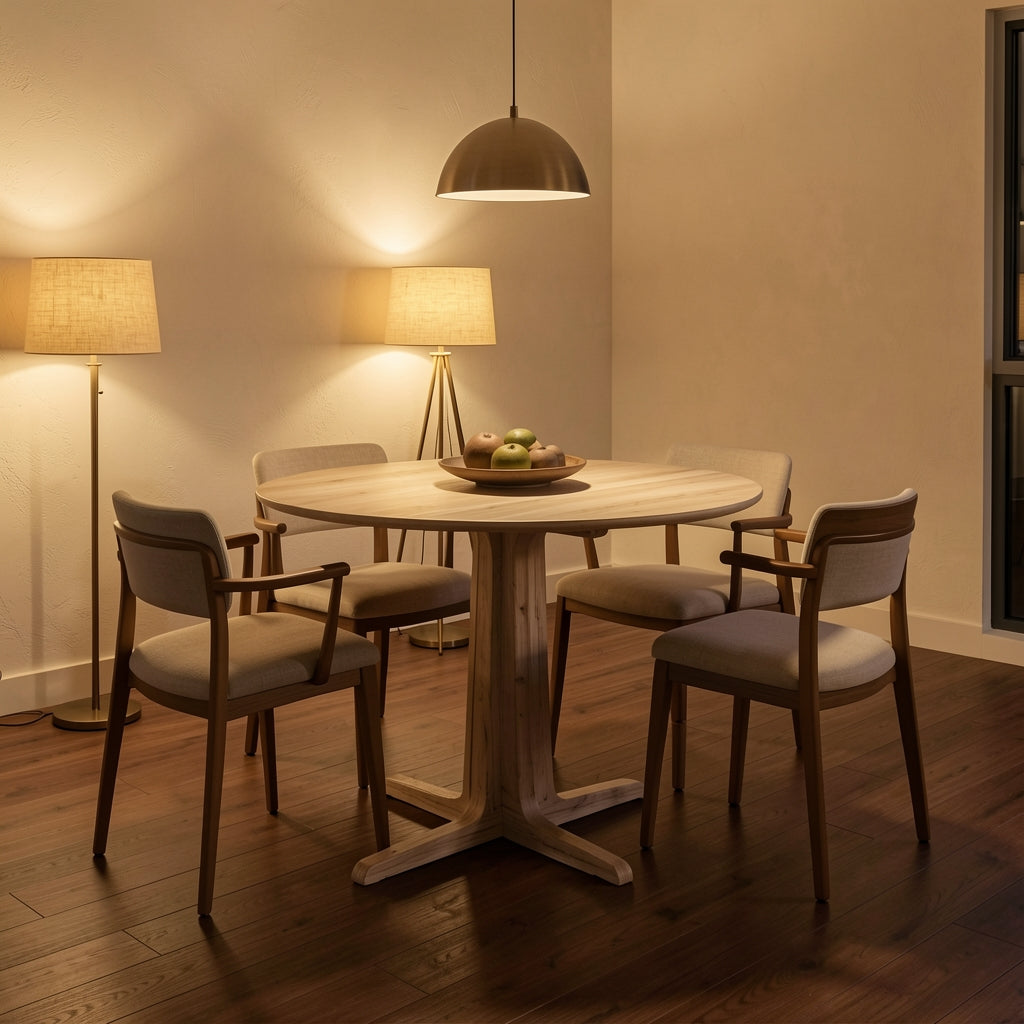 White Round Dining Table · Edition 4 in warm evening walnut