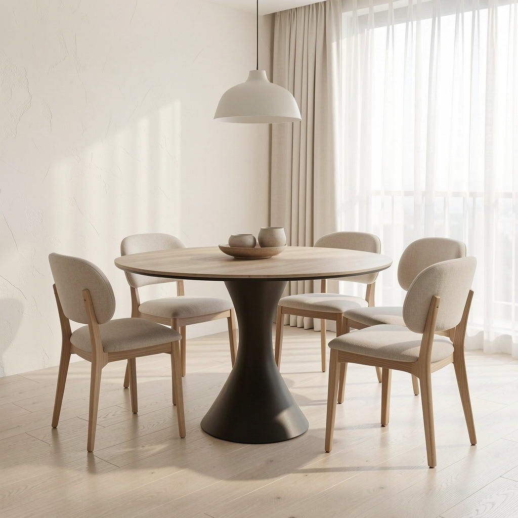 Simple Round Dining Table in soft oak daylight
