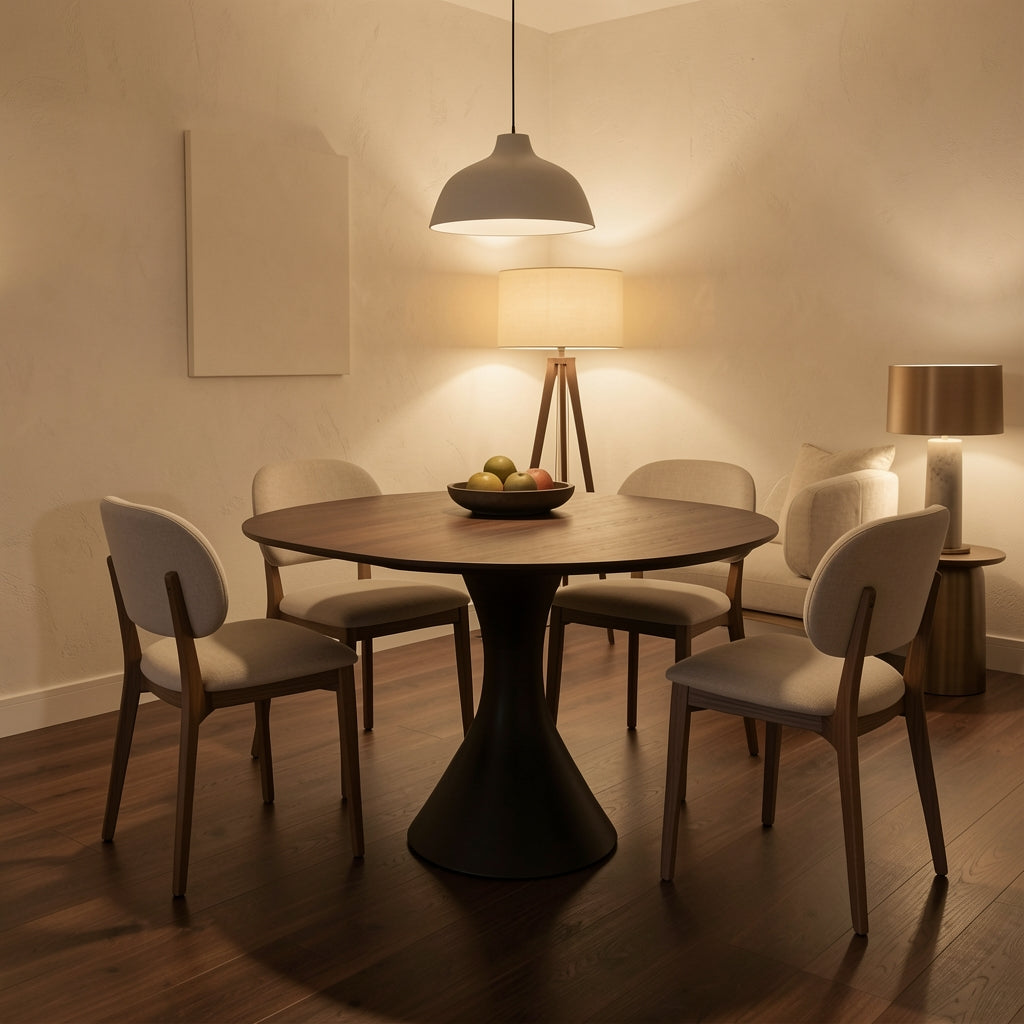 Simple Round Dining Table in warm evening walnut