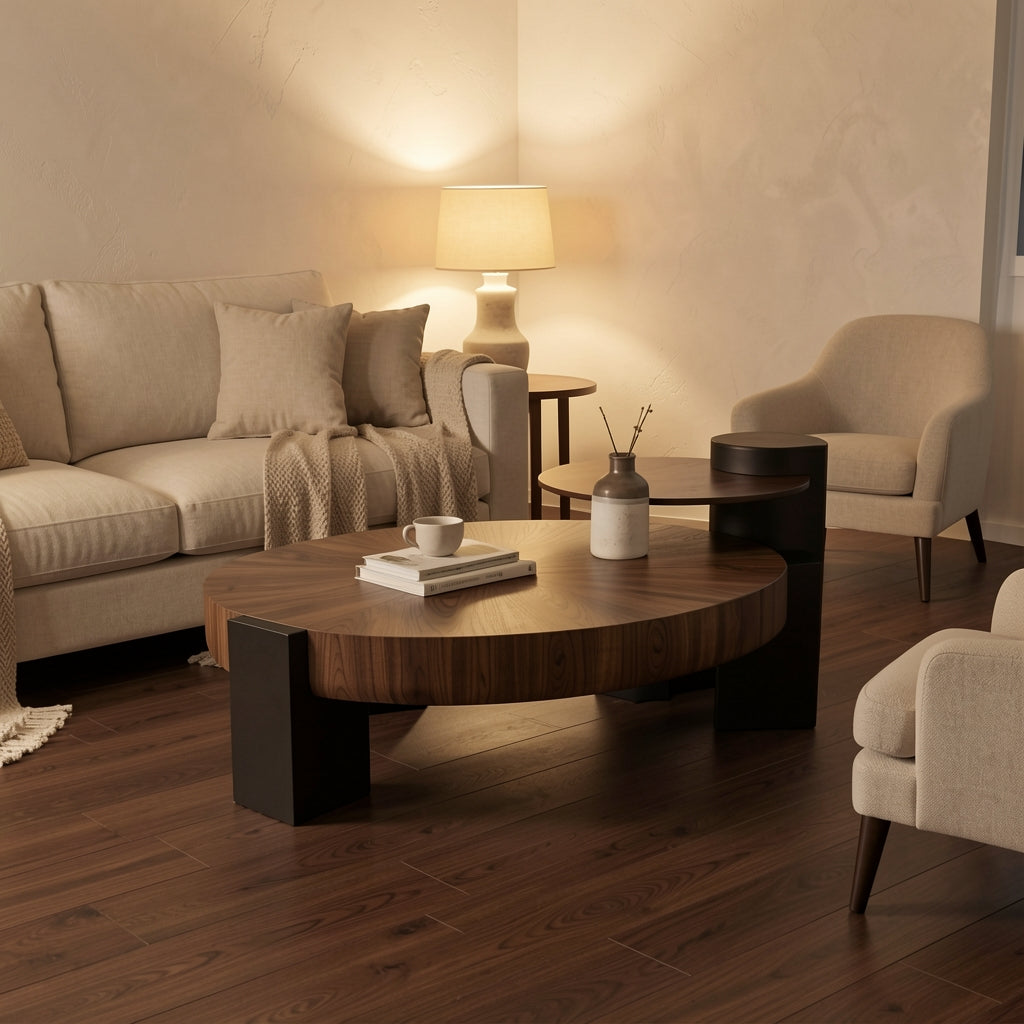 Round Coffee Table · Edition 10 in warm evening walnut