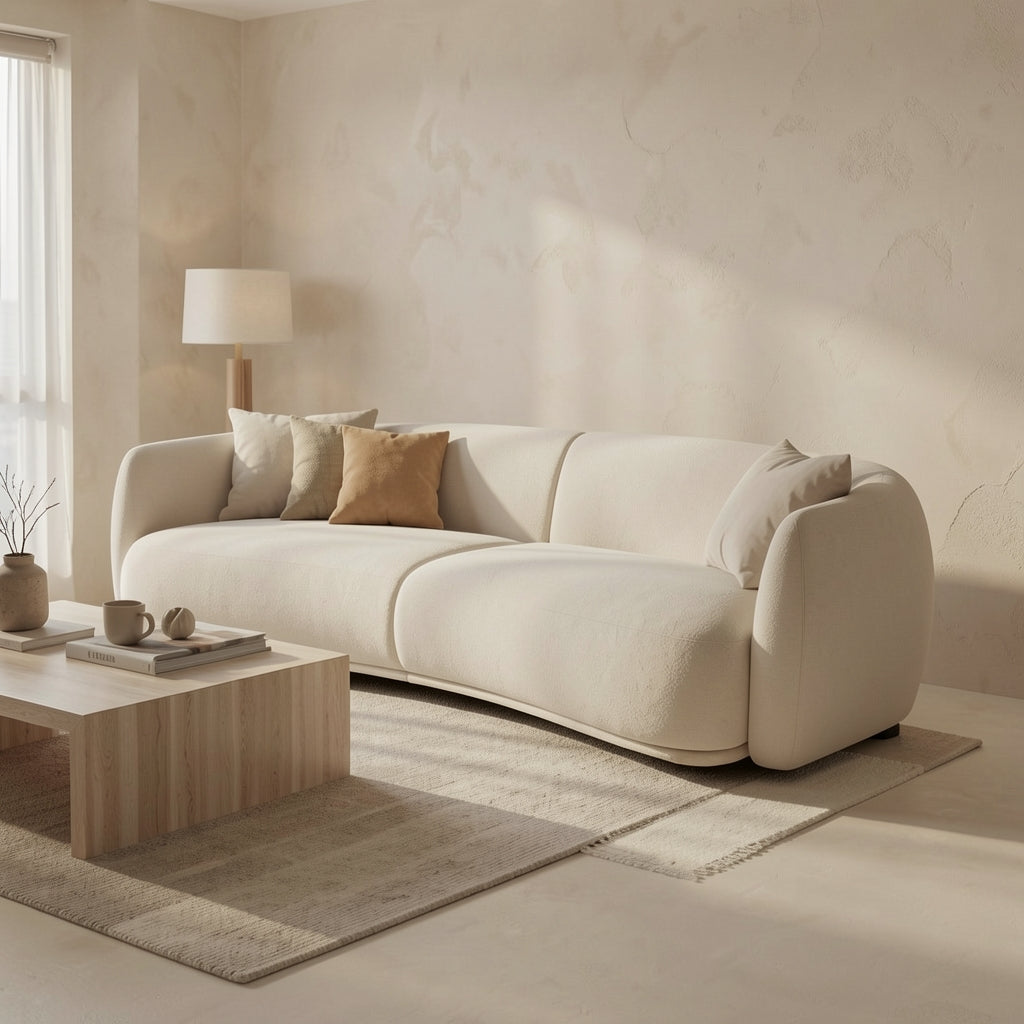 Curved Low-Profile Sofa in tonal taupe cocoon