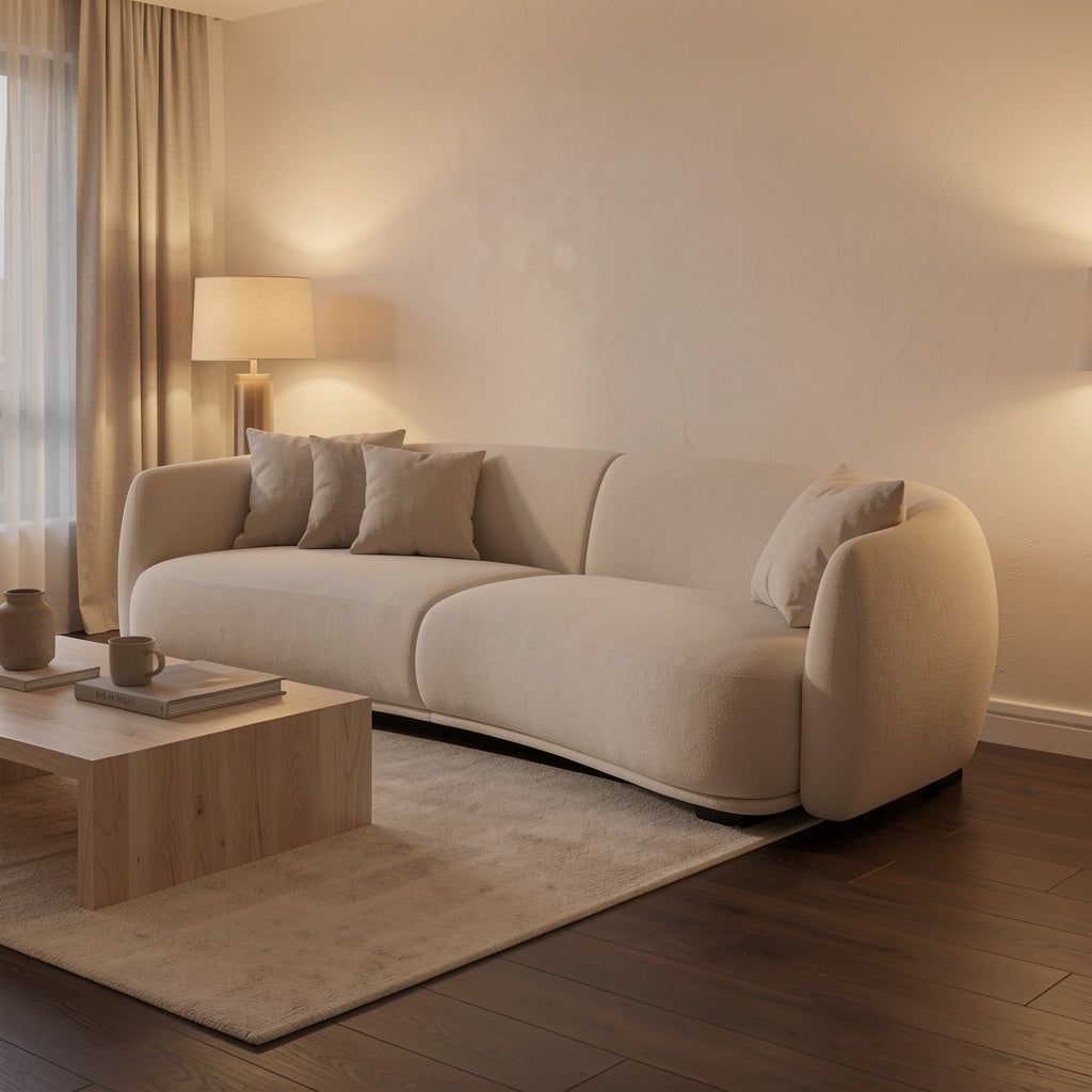 Curved Low-Profile Sofa in warm evening walnut