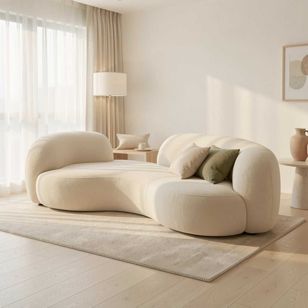 Curved Beige Sofa in soft oak daylight