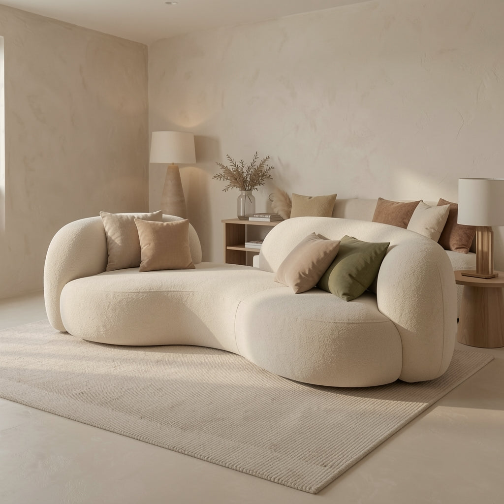 Curved Beige Sofa in tonal taupe cocoon