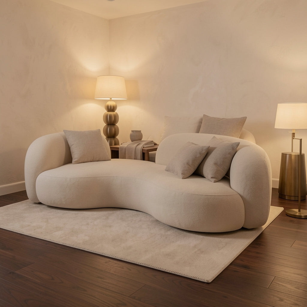 Curved Beige Sofa in warm evening walnut