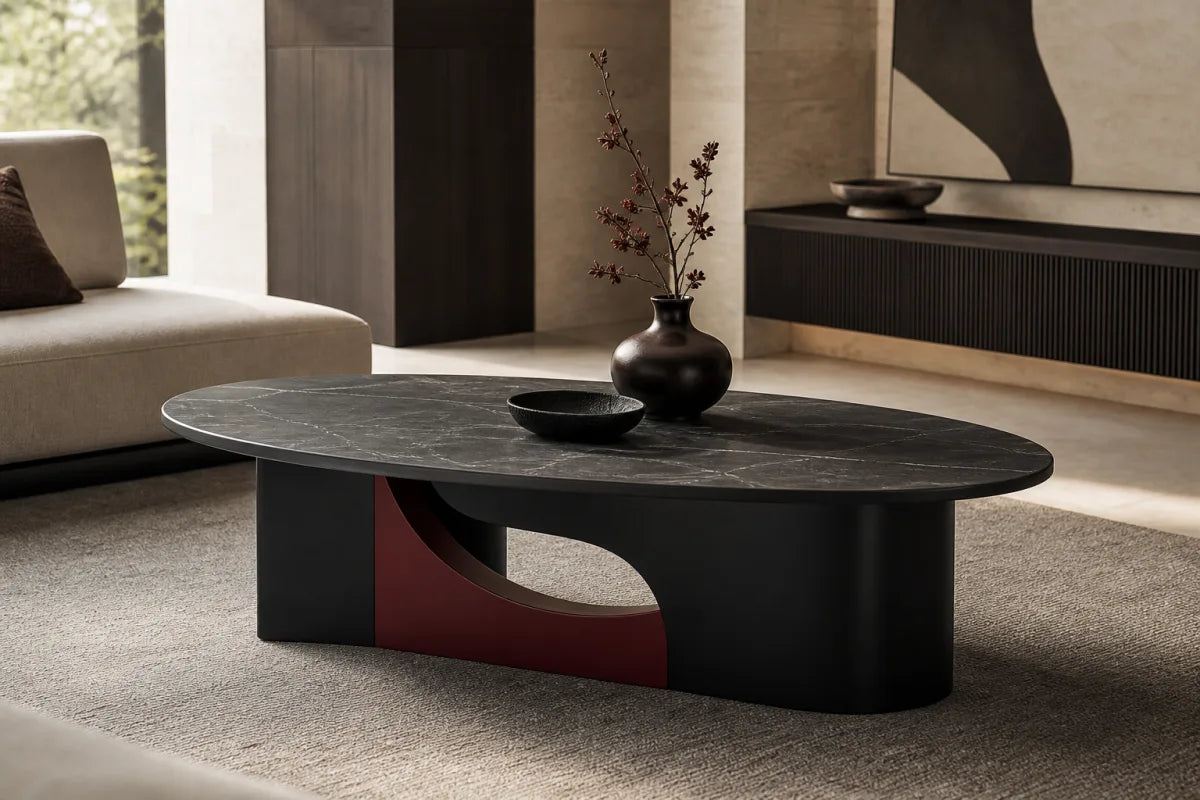 Editorial view of a sculptural coffee table in a refined interior