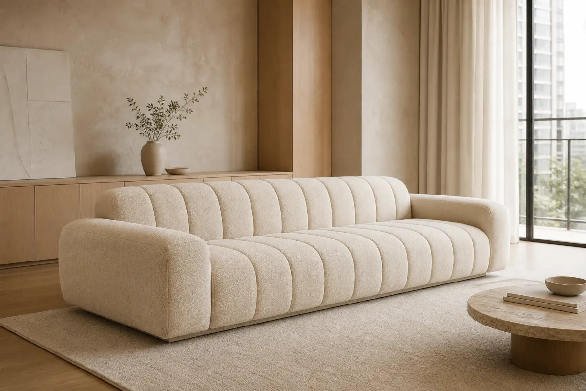 Editorial concept image of a softly upholstered living room sofa