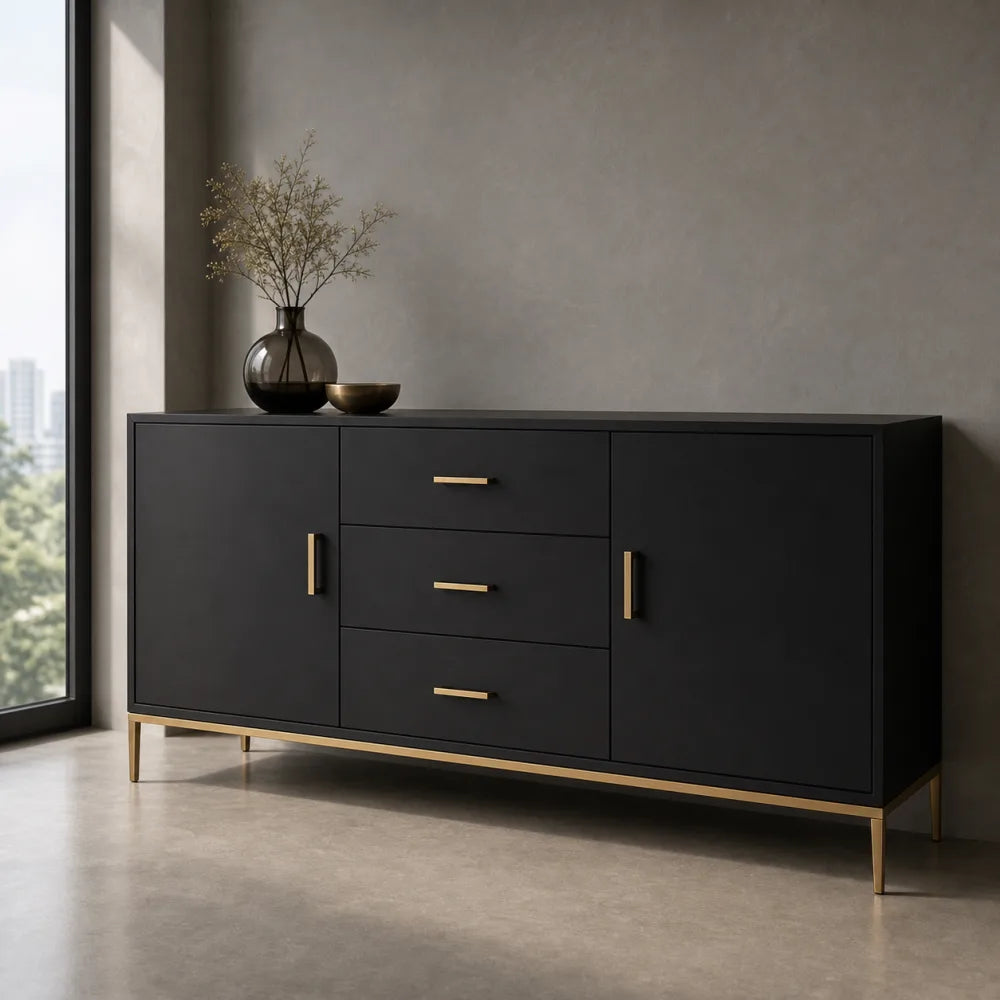 Editorial concept image of a dark sideboard in a refined storage setting
